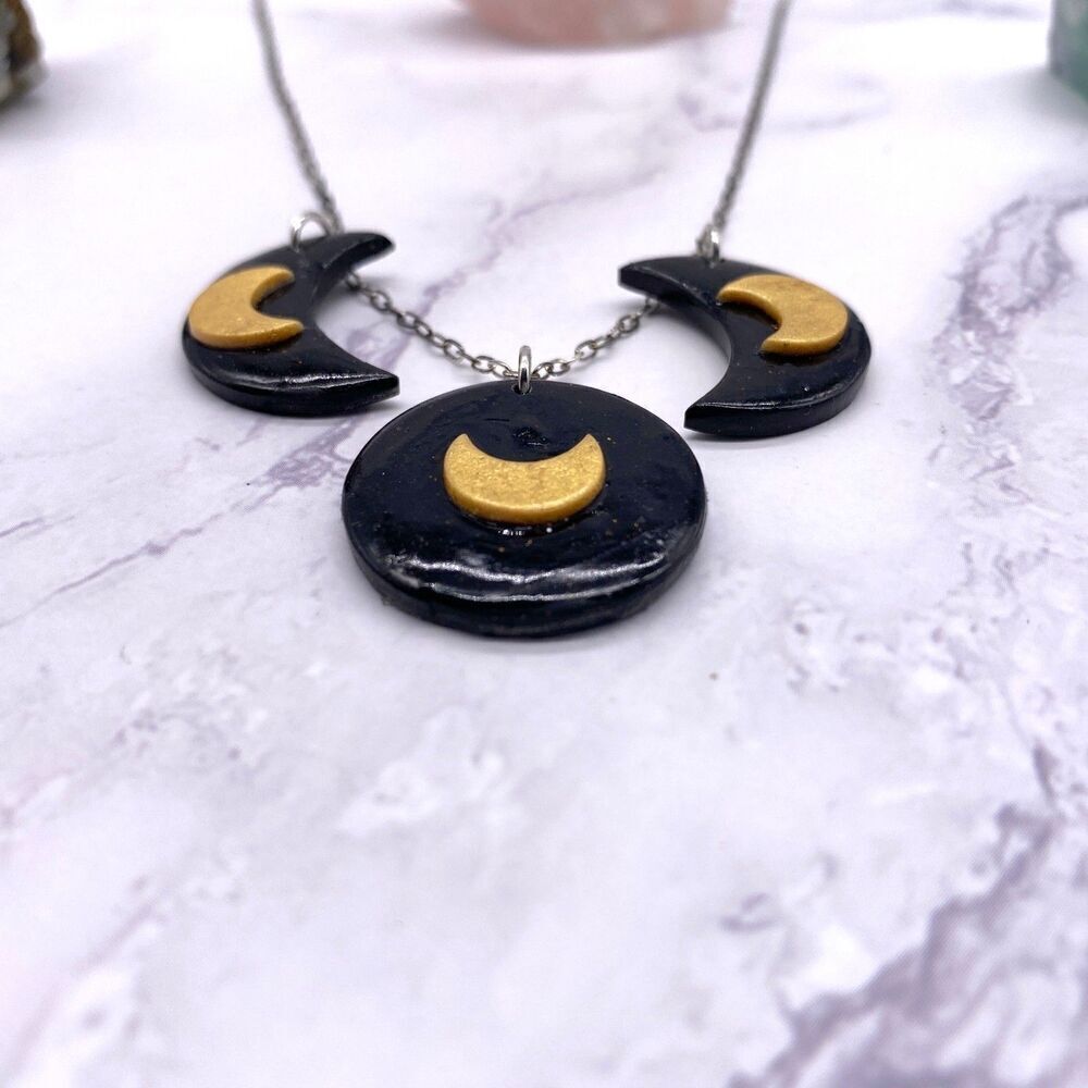 Black and Gold Moon Phase Celestial Sterling Silver Necklace - Picture 4 of 9
